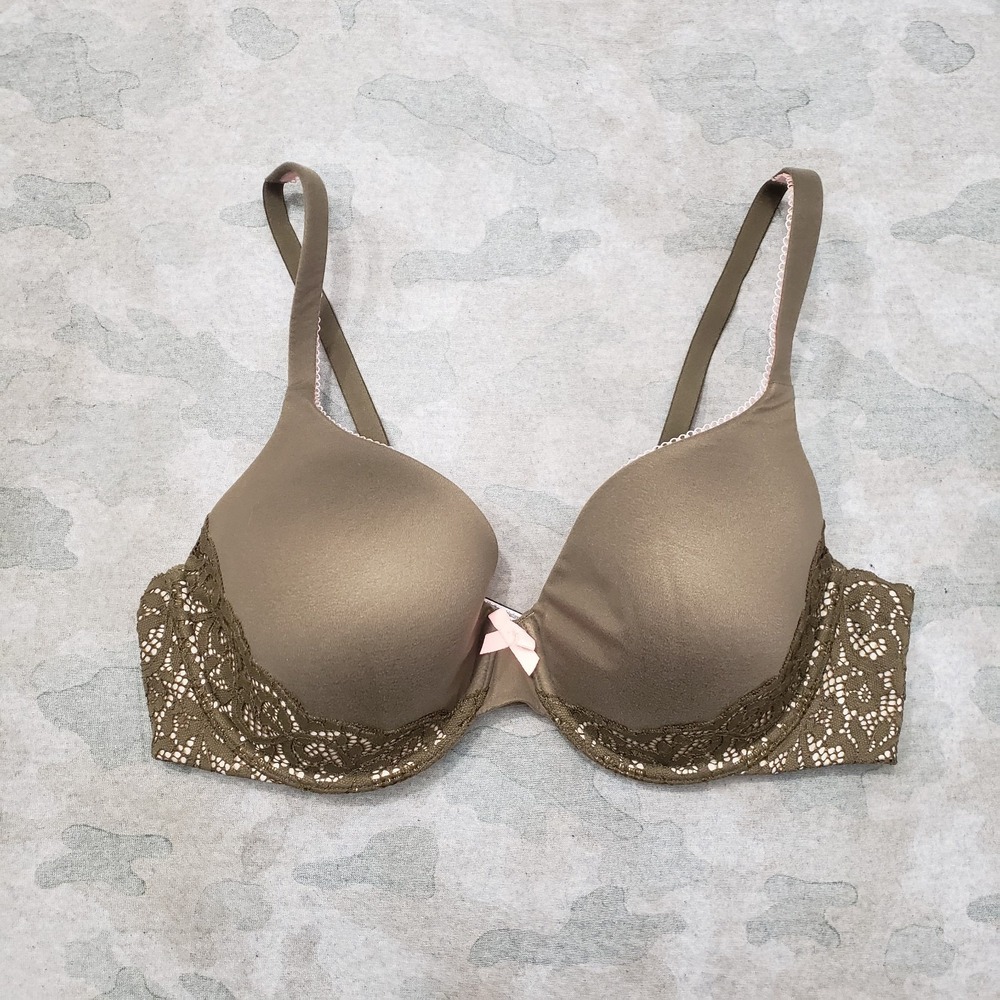 Victoria's Secret Olive Green Lace Trim Push-Up Bra with Pink Bow